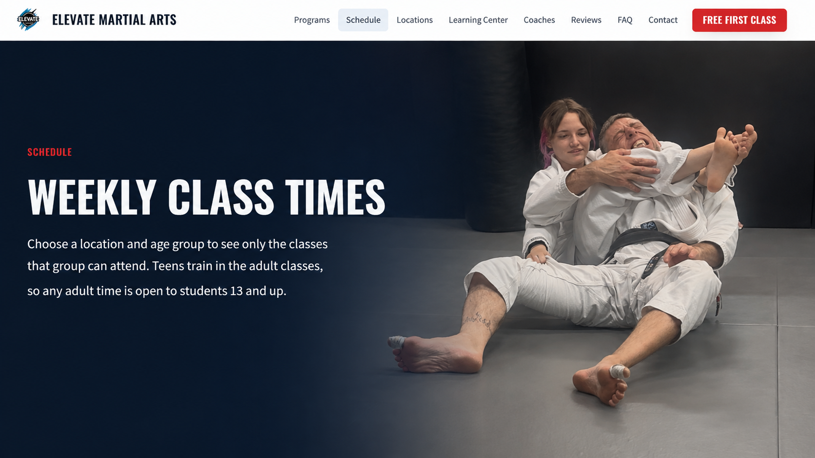 Adult students training together during an evening class.