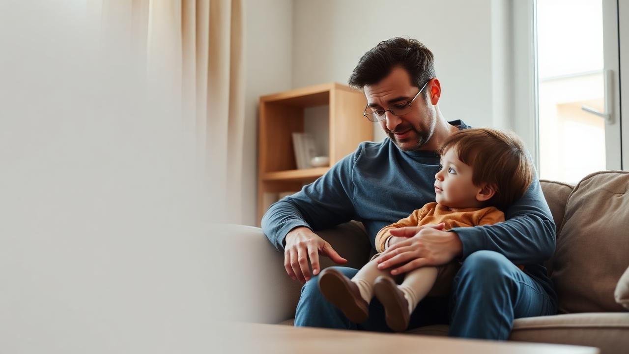 A parent and child sitting together and talking calmly at home.