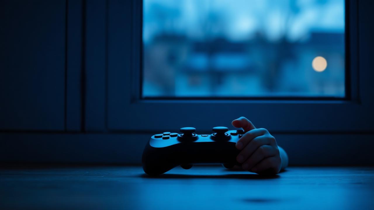A child setting down a game controller beside a window in the evening.