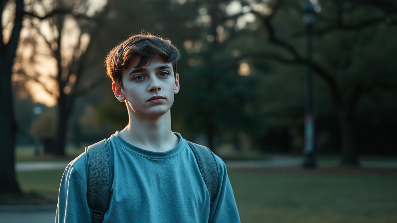 A teen outdoors, away from a screen, walking with a backpack.